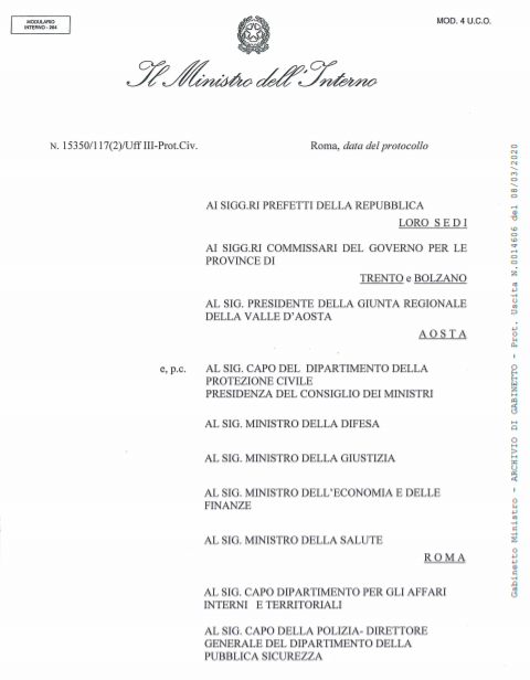 Circolare Ministero dellInterno attuazione norme restrittive